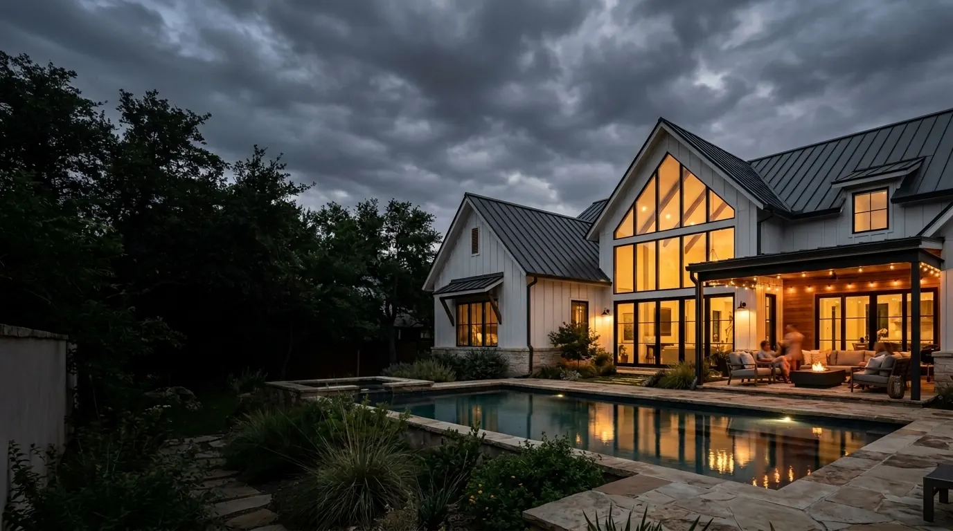 Modern farmhouse with glowing windows at dusk