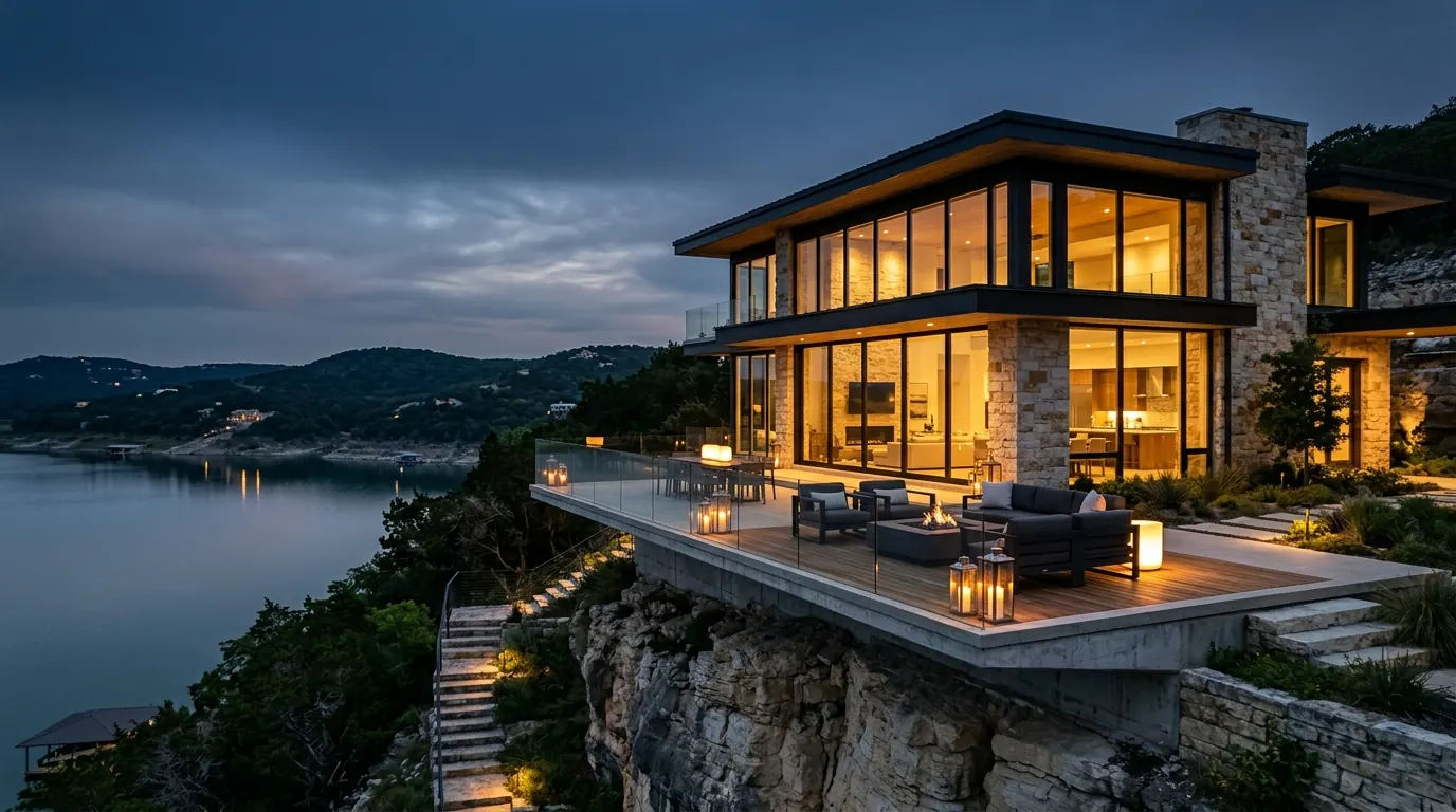 Lakeside terrace home at twilight