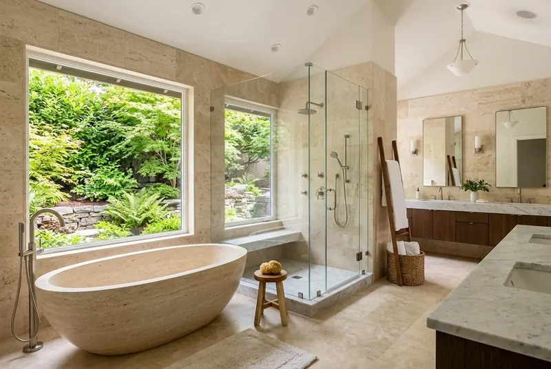 Stone soaking tub by a garden window