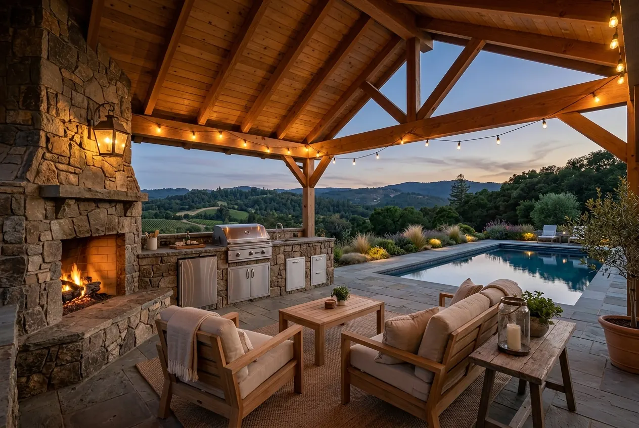 Outdoor living room with a fireplace