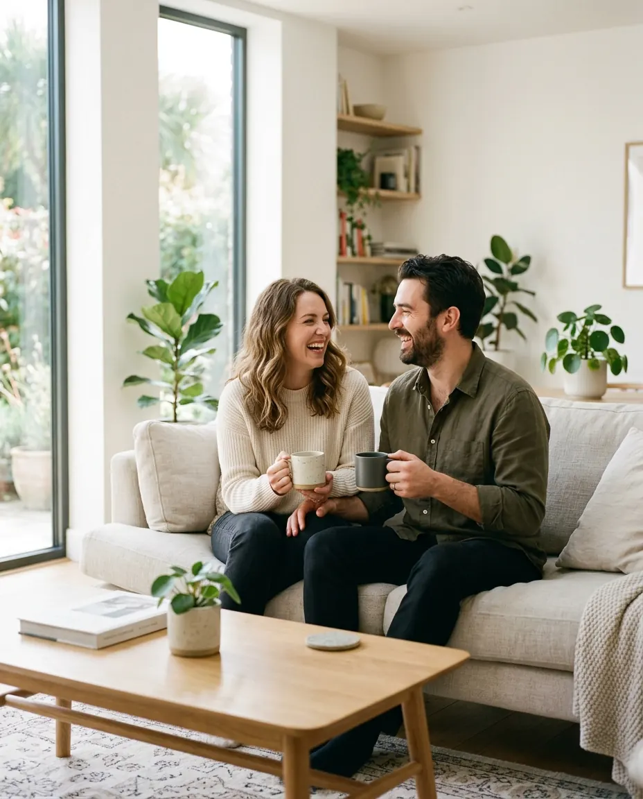 Two people laughing on a linen sofa in a bright living room