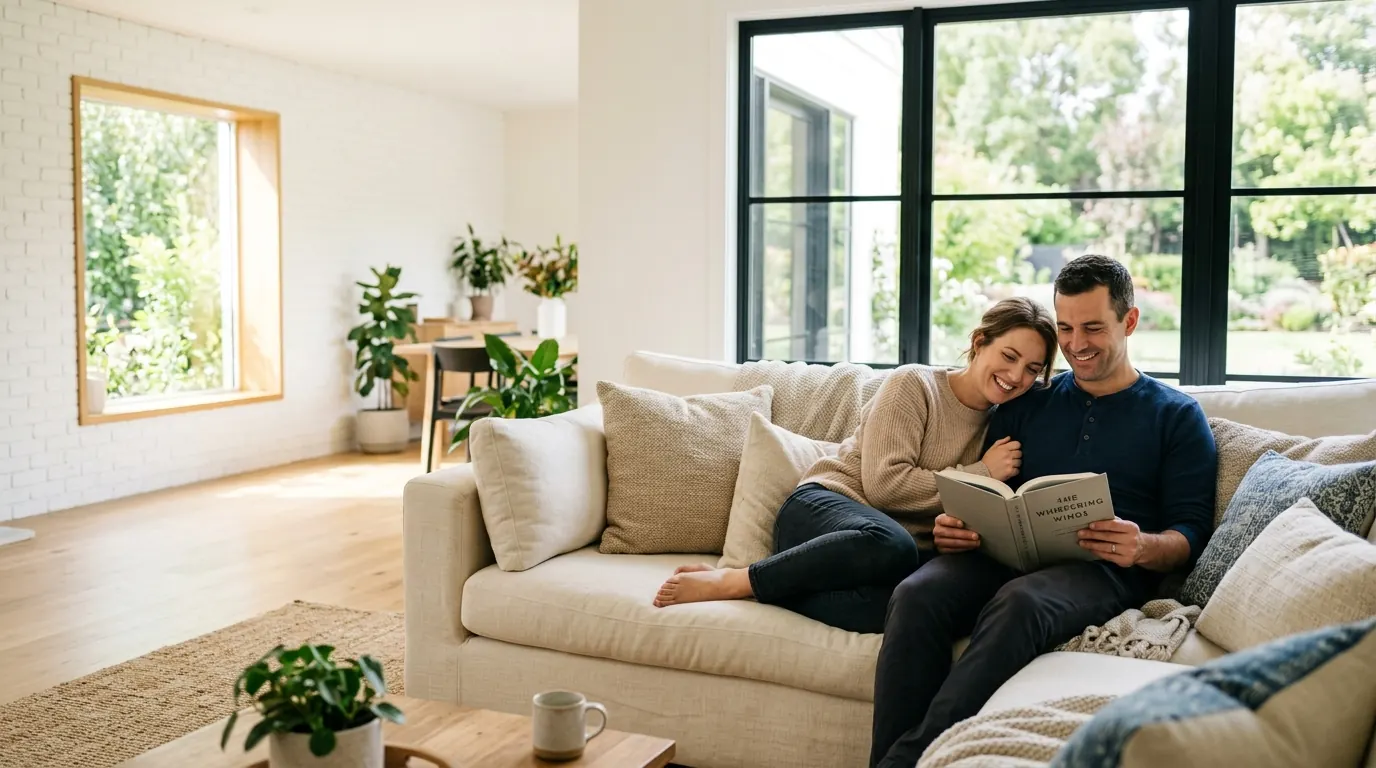 Two people reading on a cream sofa in a sunlit great room