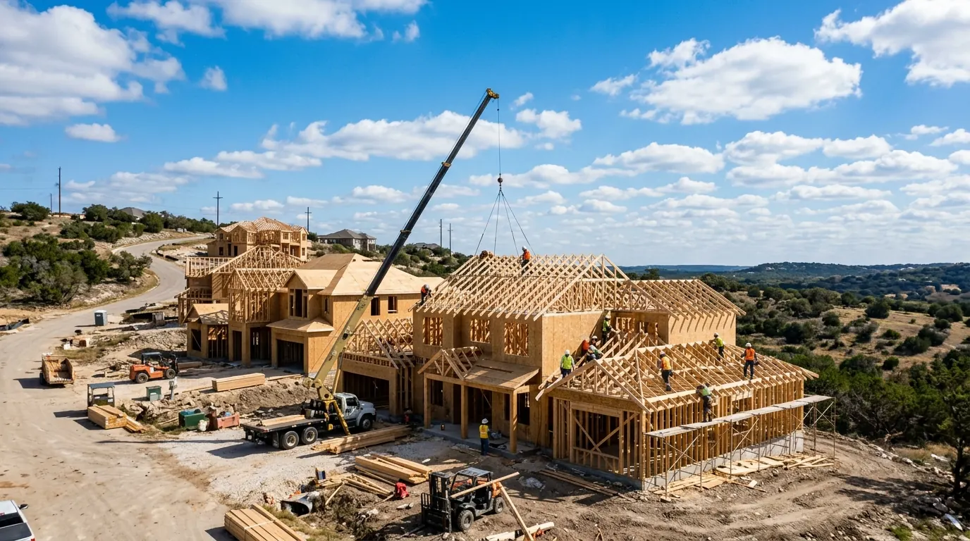 Homes being framed on a hillside site