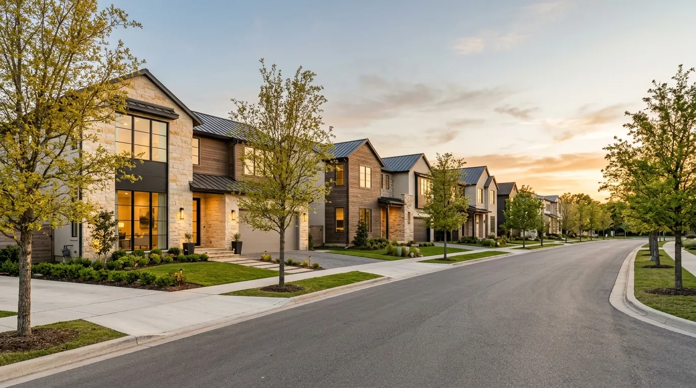 Tree-lined street of new limestone homes