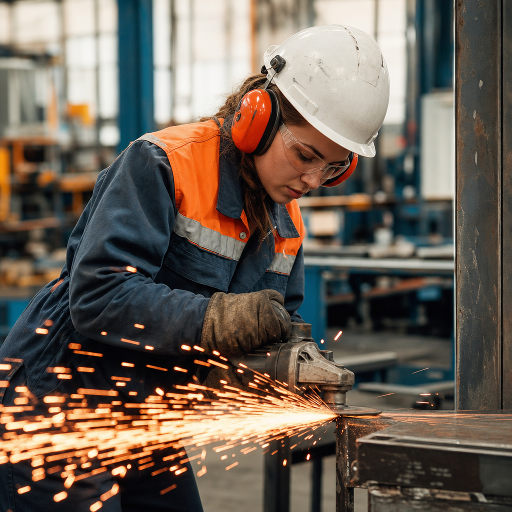 Worker grinding steel