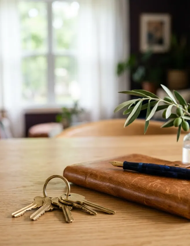 House keys and a pen on an oak table