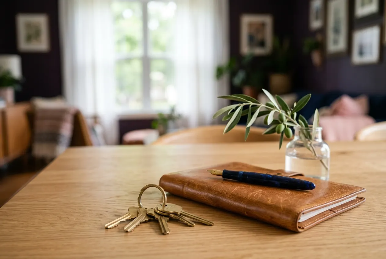 House keys and a pen on an oak table