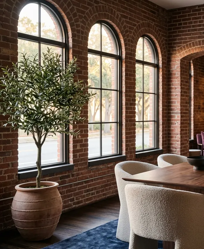 The Vestra office lounge with a walnut table and arched windows