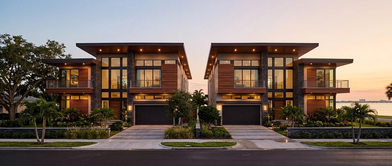 Two matching contemporary homes in South Tampa at golden hour