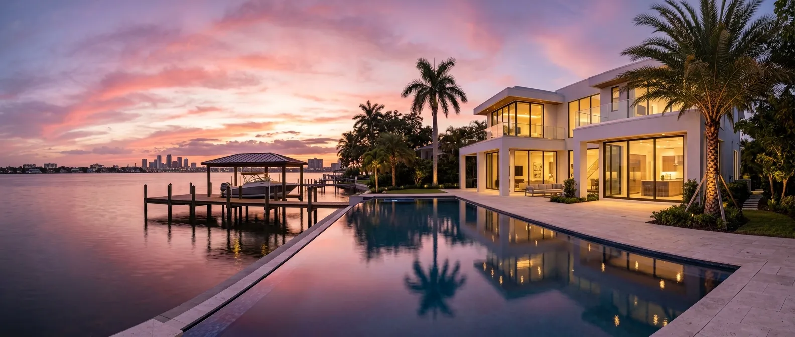 A white waterfront home with a pool and private dock at sunset