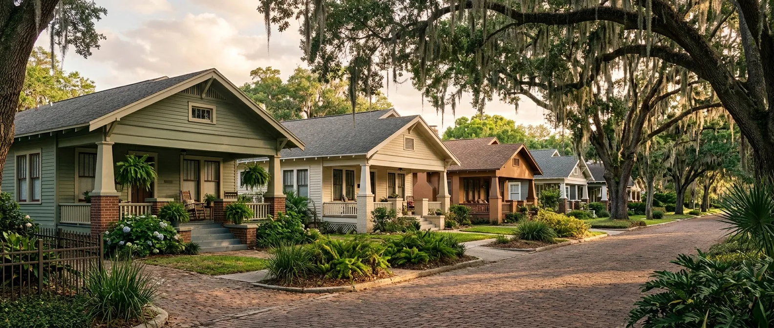 Restored craftsman bungalows under live oaks on a brick street