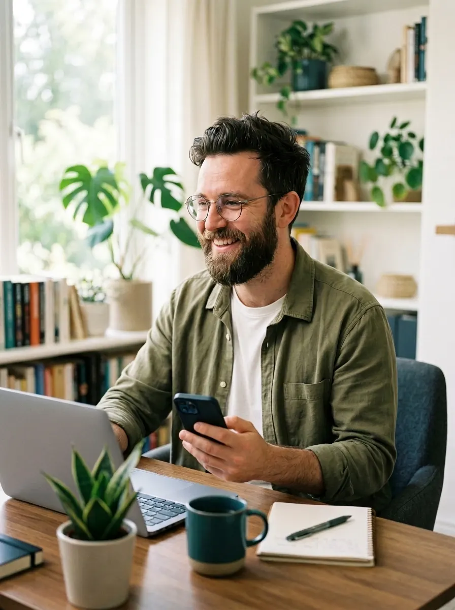 A smiling client with glasses holding his phone at a laptop