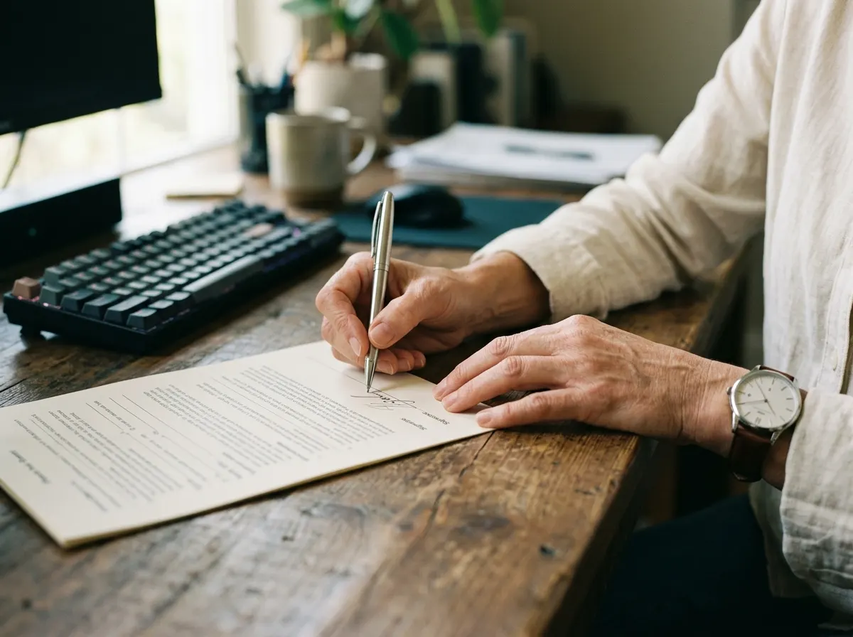 Hands reviewing and signing a printed record