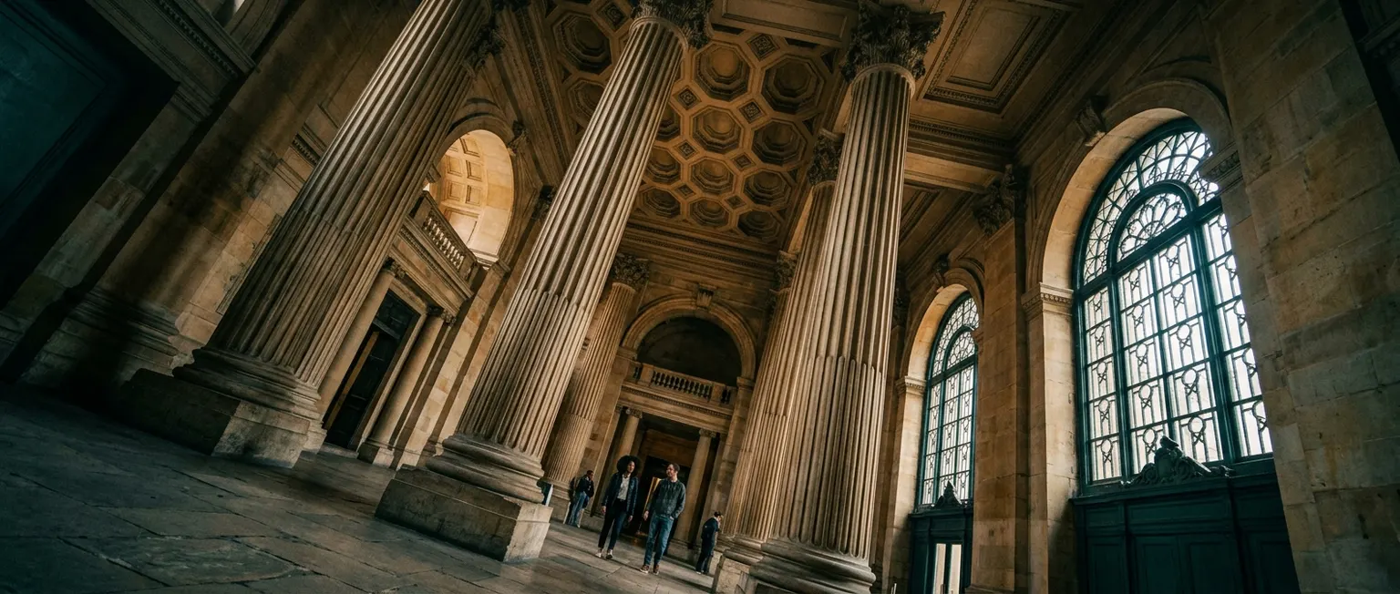 Looking up at fluted stone columns inside a historic public hall