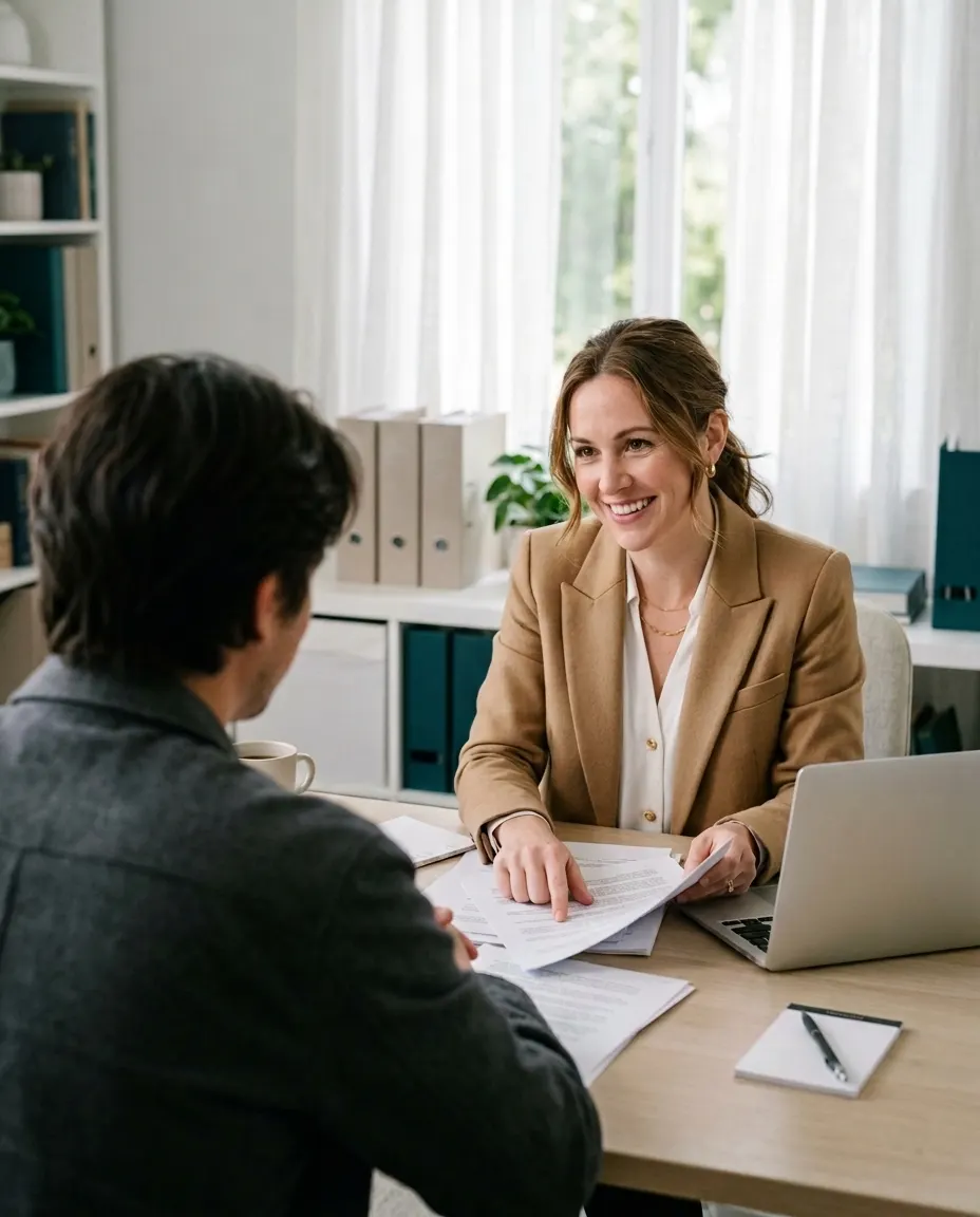 Attorney Grace Liang smiling across a desk at a client