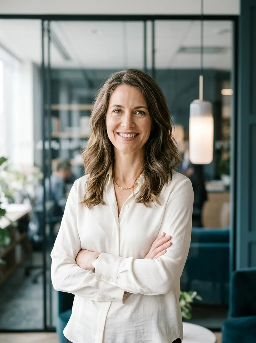 Claire Larkin, arms folded, smiling in a bright office