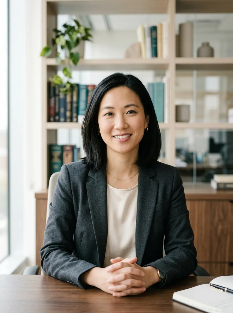 Grace Liang at a desk with her hands clasped