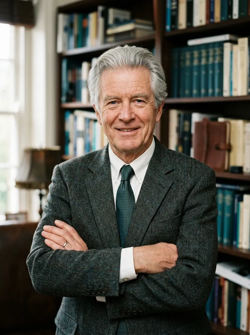Walter Pruitt in a tweed jacket in front of bookshelves