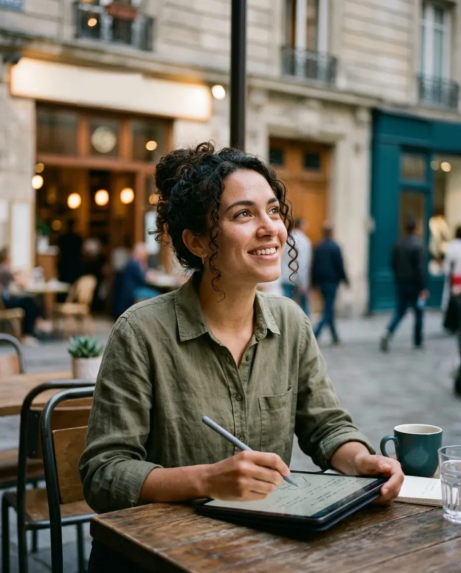 A smiling woman taking notes on a tablet at a cafe table