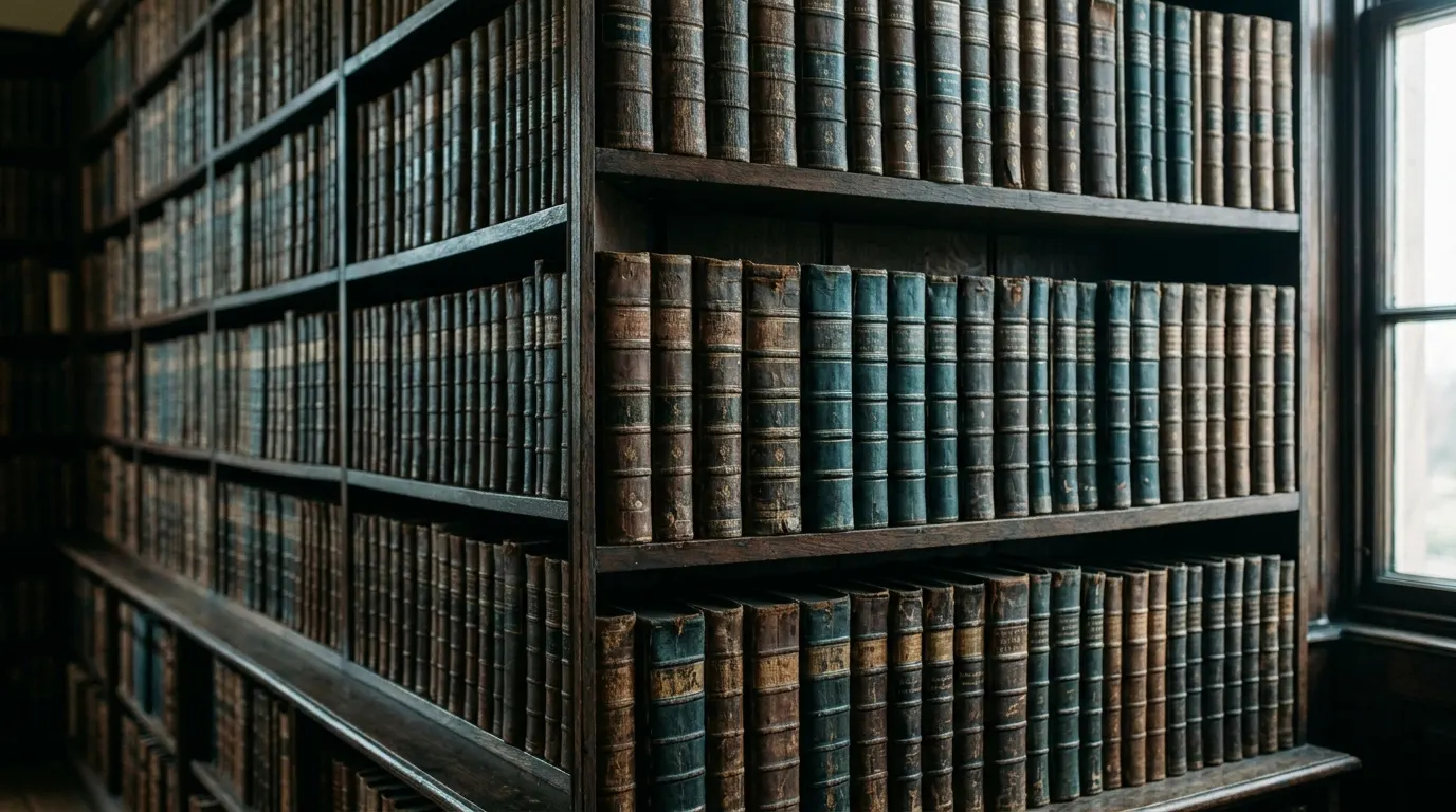 Rows of old leather-bound law books on dark shelves