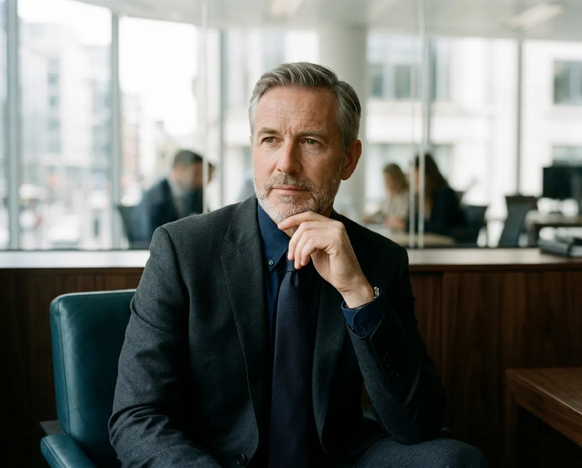 Founding partner Everett Moss, hand at his chin, in a bright glass-walled office