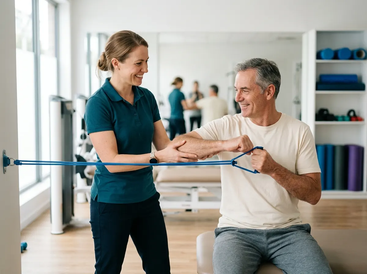 A therapist guiding a shoulder exercise