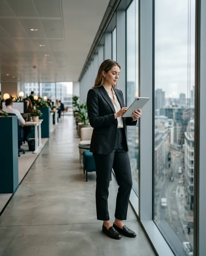 An attorney with a tablet by an office window