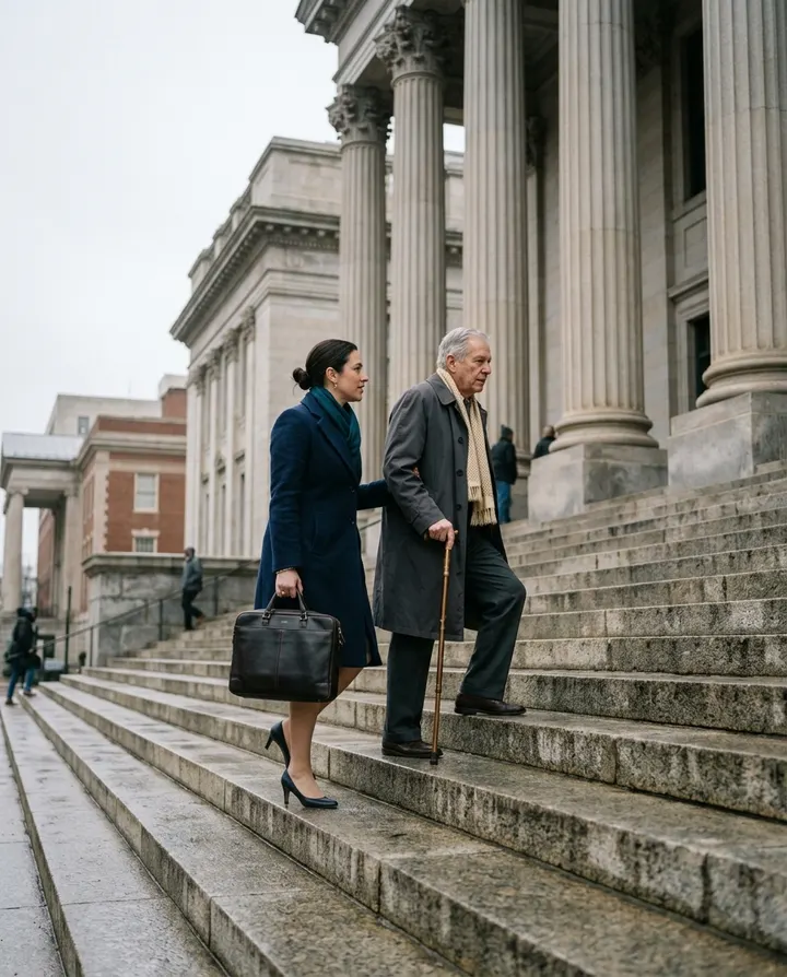 A lawyer and an older client climbing wide courthouse steps