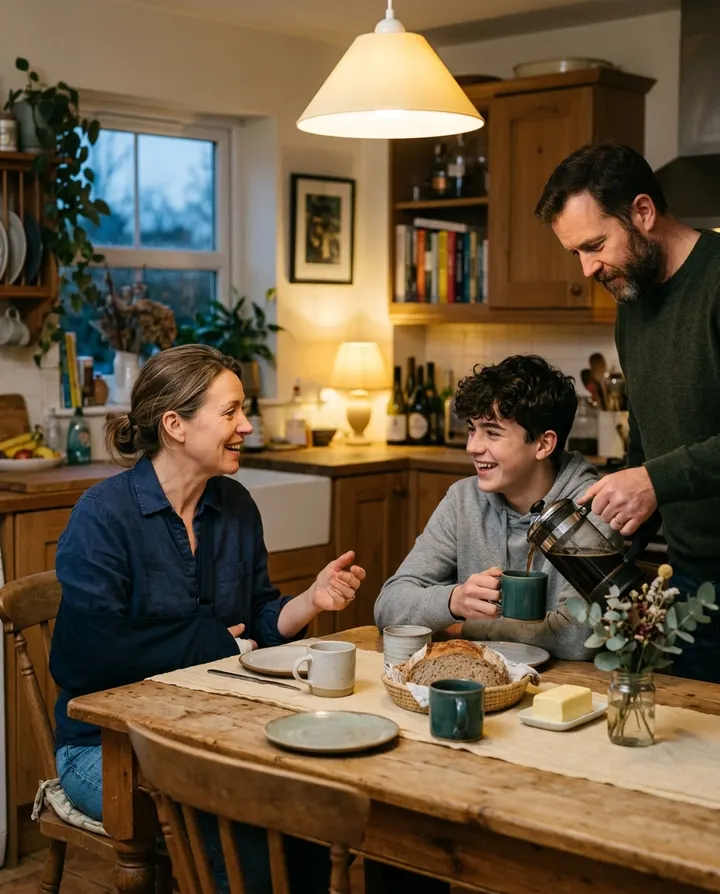A family talking at the kitchen table