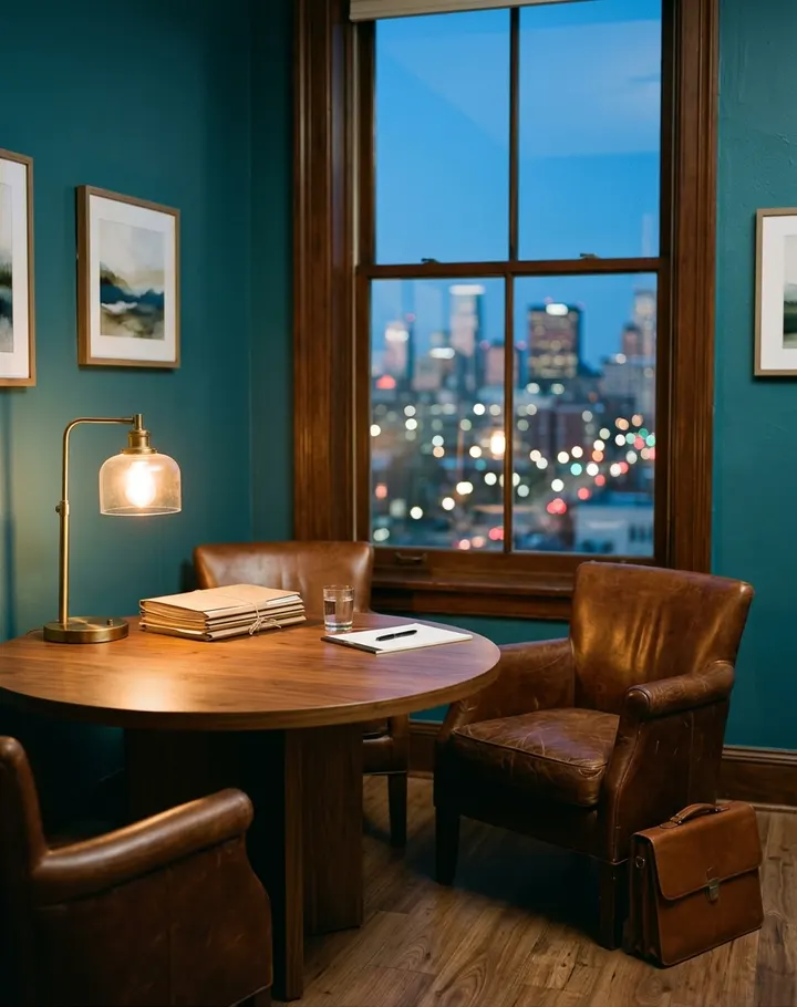 A lamp-lit meeting room with case folders on a walnut table