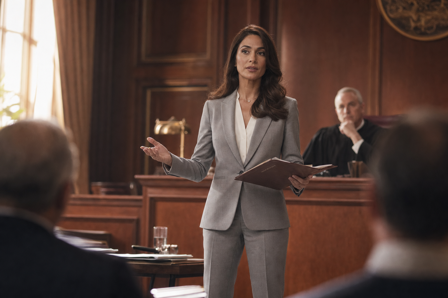 A trial attorney addressing the court in a wood-panelled courtroom