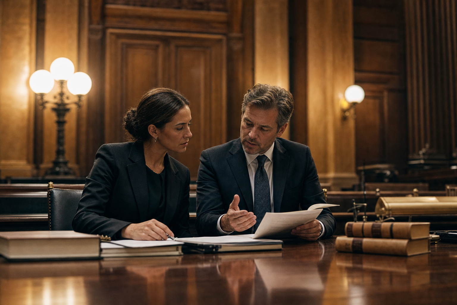 Two lawyers conferring at a counsel table