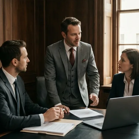 A client and attorney talk through notes at a desk