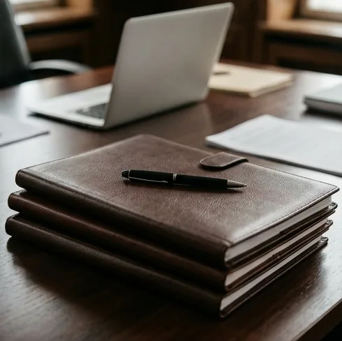 Stacked leather case folders and a pen on a dark desk