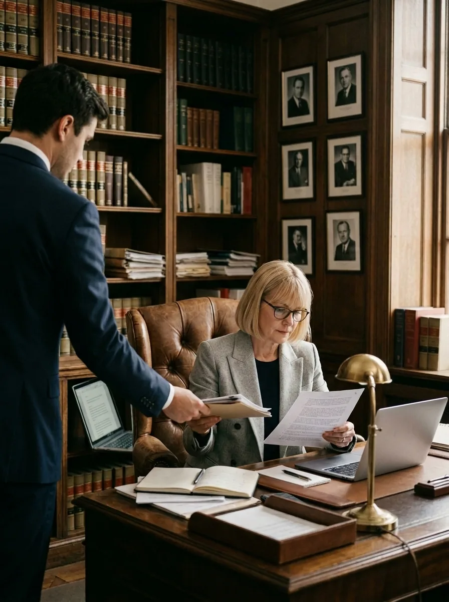 A partner reviews a document at her desk while a colleague hands her the next file