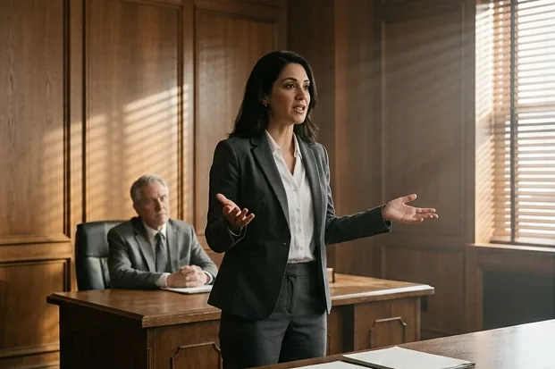 An attorney makes her point in a wood paneled hearing room