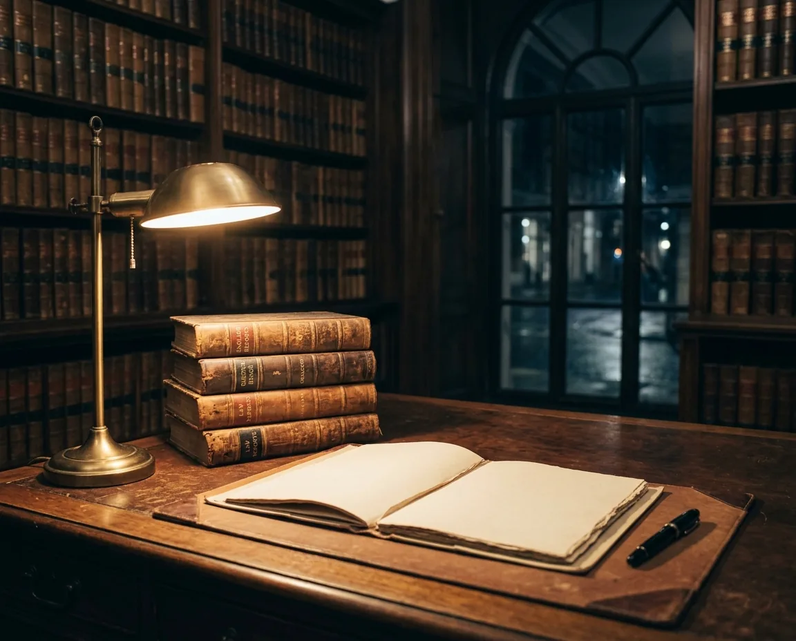 Leather case volumes and an open file under a brass lamp in the firm library