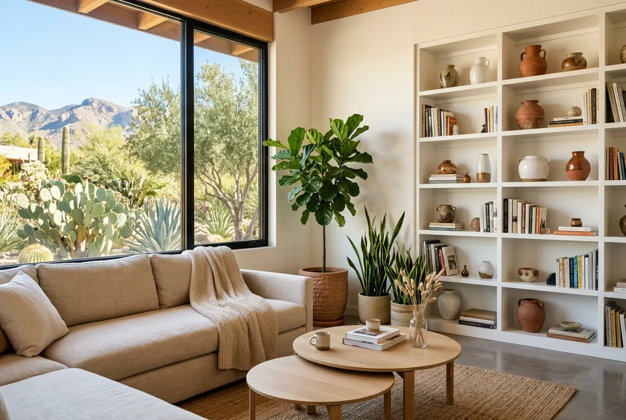 Sunny living room corner with round oak tables and plants