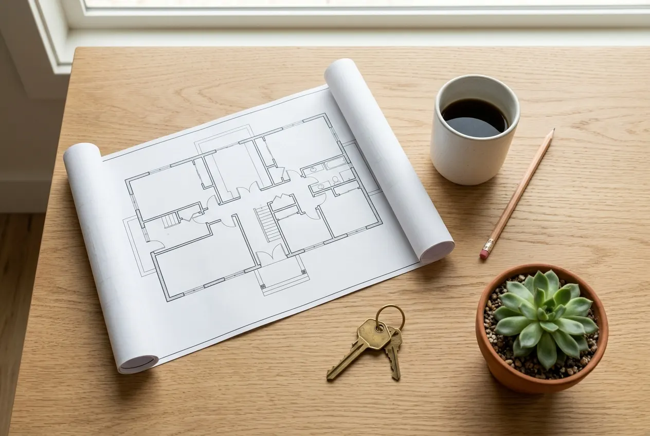 Floor plan, keys and coffee on an oak table