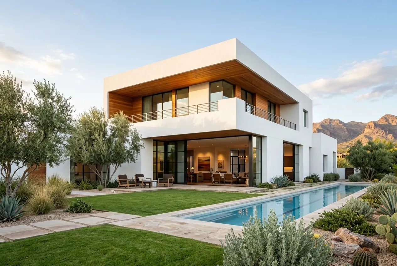 Modern white home with a lap pool and olive trees
