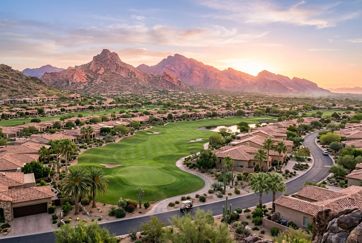 Sunrise over desert mountains and a neighborhood of tile roofs
