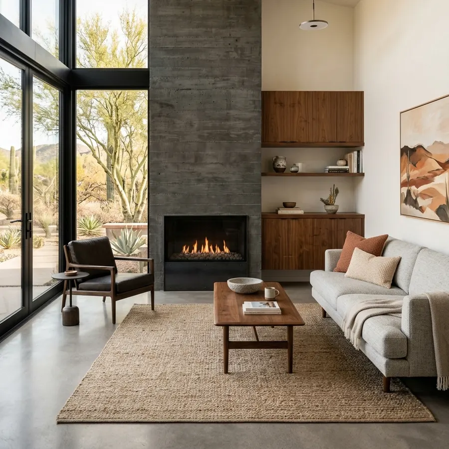 Living room with a concrete fireplace wall, walnut shelving and tall windows onto desert trees