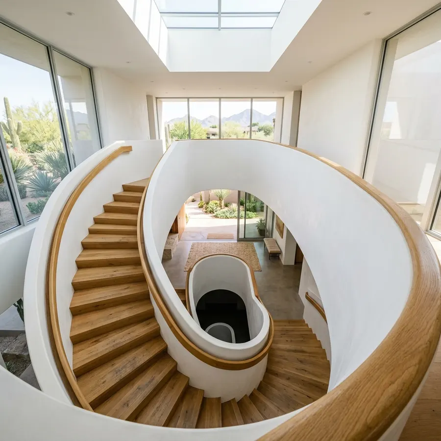 Curved white staircase with warm oak treads seen from above
