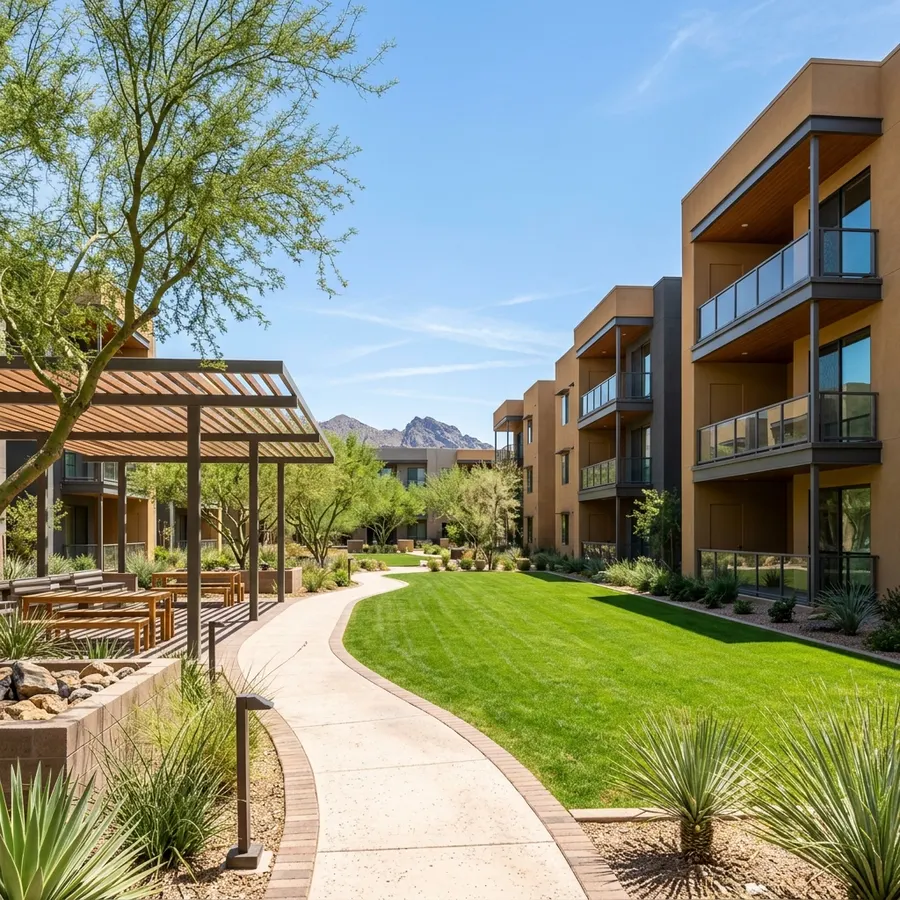 Courtyard lawn between new low-rise residences with shade pergola and desert trees