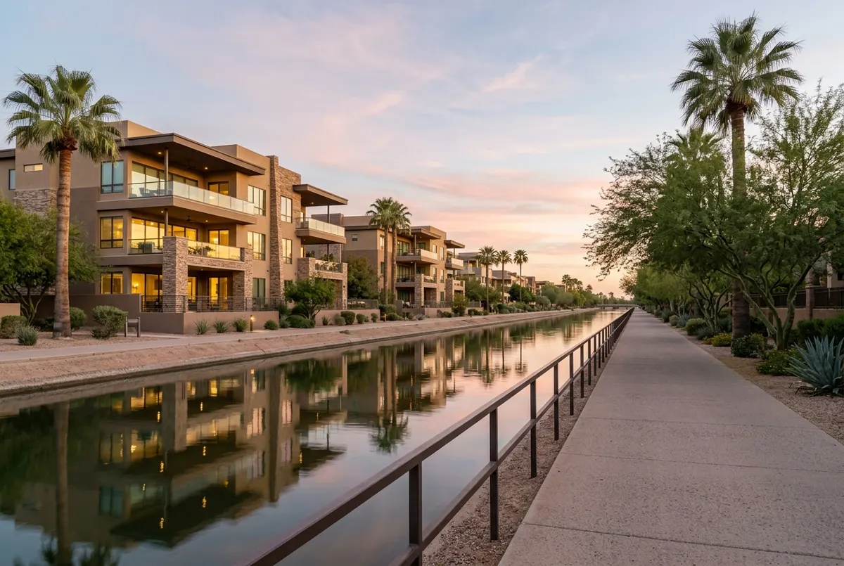 Condominium buildings along the canal walk at dusk