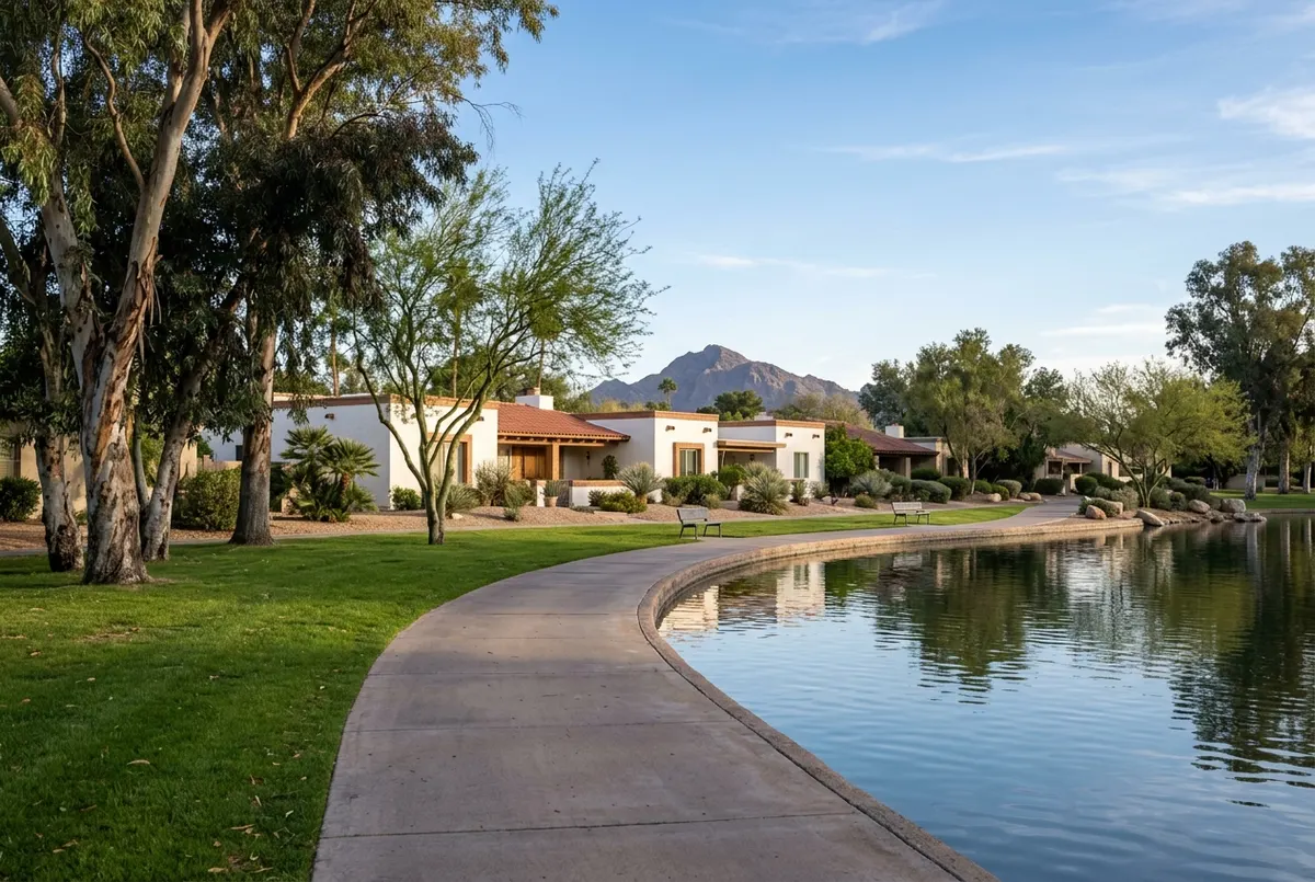 Lakeside walking path past single-level homes