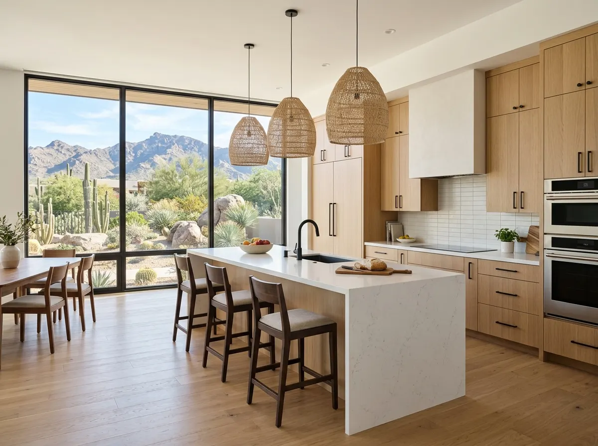 Kitchen with a white island and tall windows onto desert landscaping