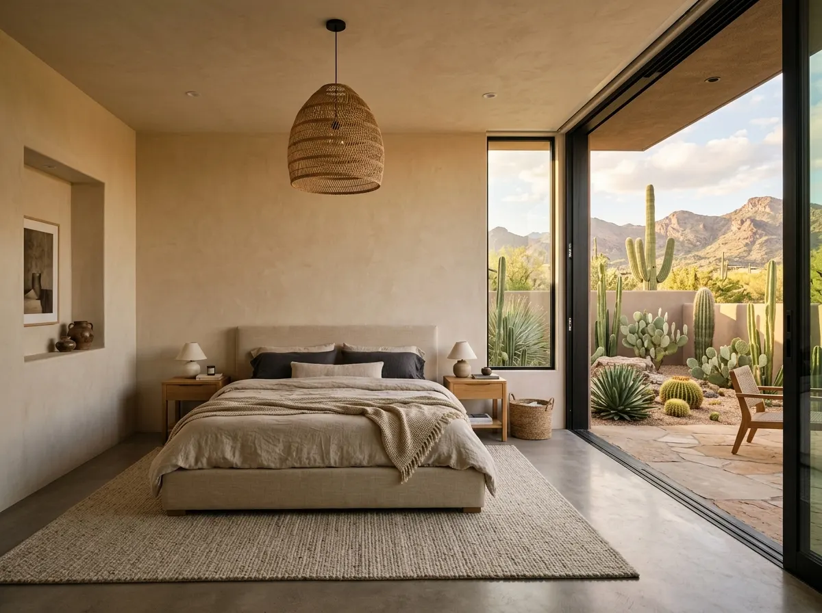 Calm bedroom with linen bedding and a sliding glass wall onto a cactus patio