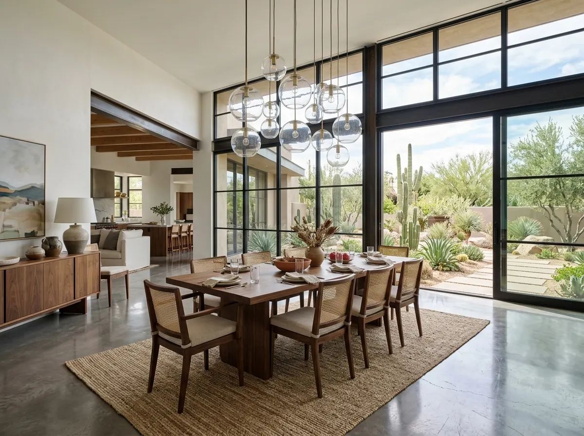 Dining room with a walnut table beside tall windows