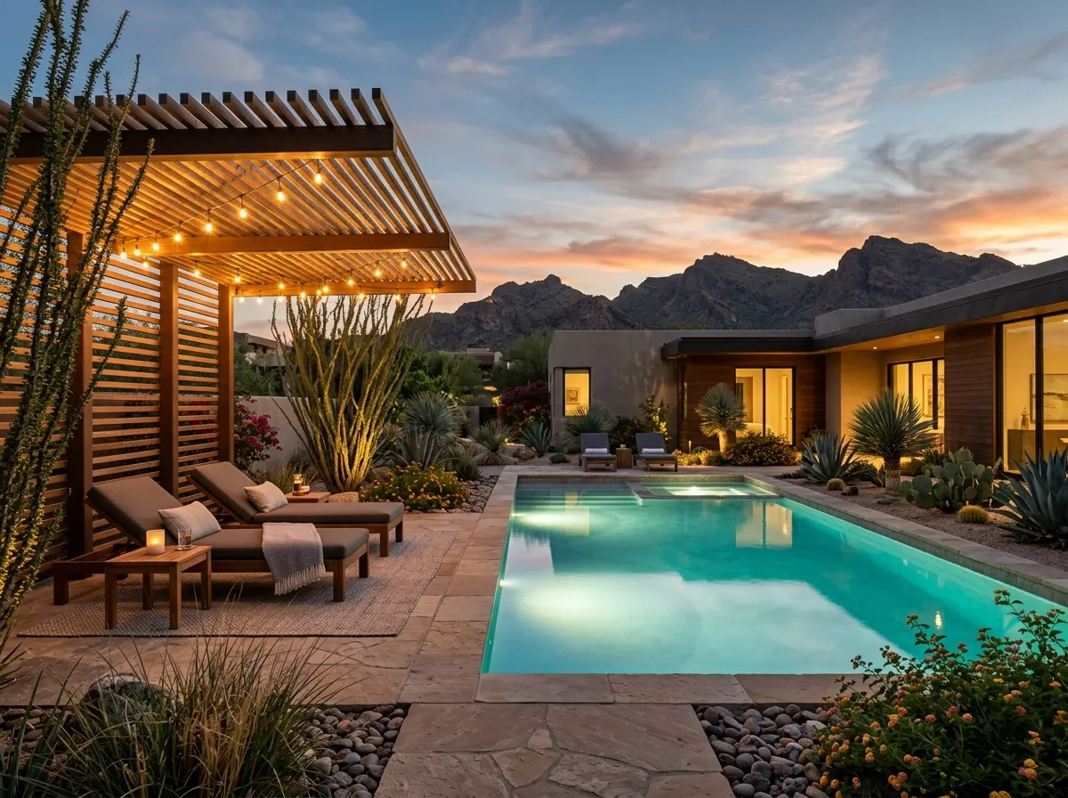 Backyard pool and ramada at dusk